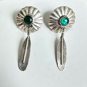 Vintage Native American Navajo 925 Sterling Silver Turquoise Feather Earrings